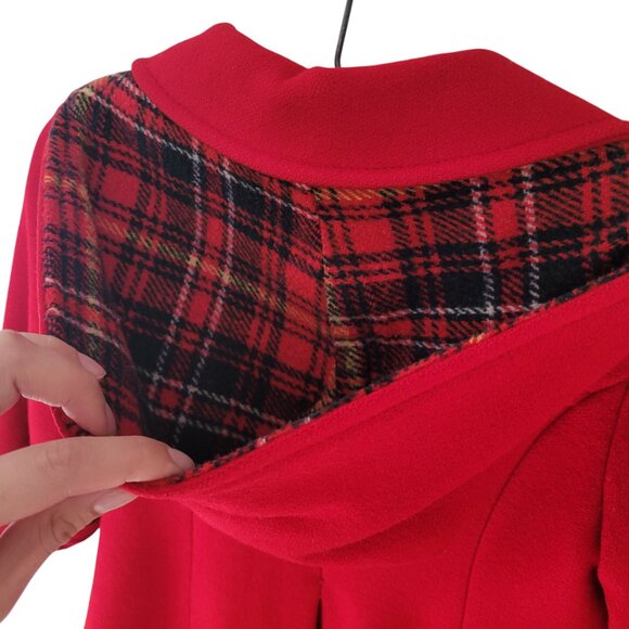 1980s Rothschild Girls Red Hooded Button Pea Coat Plaid Detail w/ Scarf size 6X - Picture 8 of 15